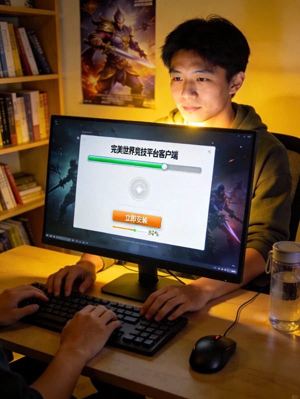 玩家正在电脑前下载并安装完美世界竞技平台客户端